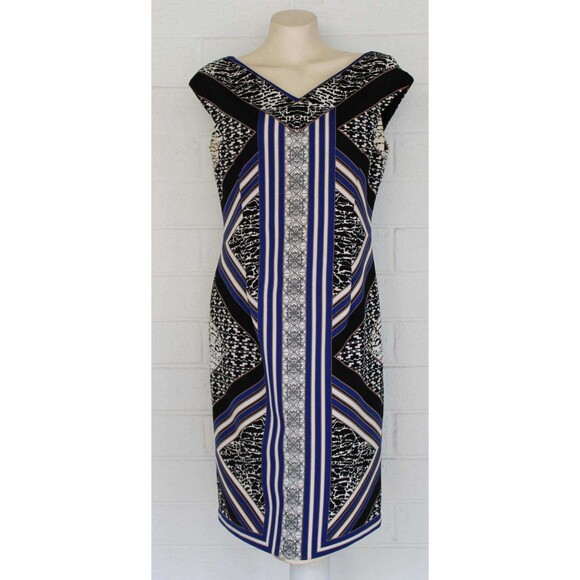 Maggy London 10 M V Neck Scuba Sheath Geometric Graphic Scarf Print Dress - Picture 1 of 7